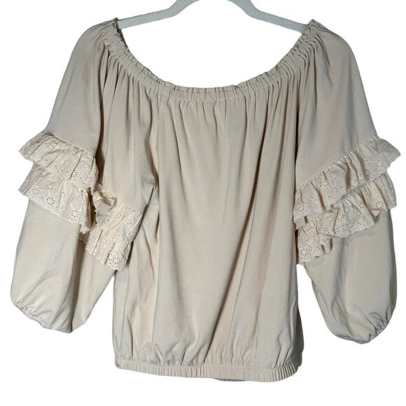 Evereve Cory Knit Ruffle Off the Shoulder‎ Top Cream Small - Picture 4 of 9